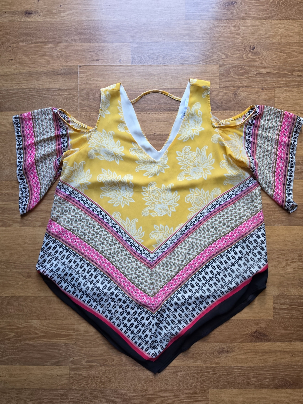 DR2 Yellow Floral Cold-Shoulder V-Neck Blouse with Pink & Black Trim